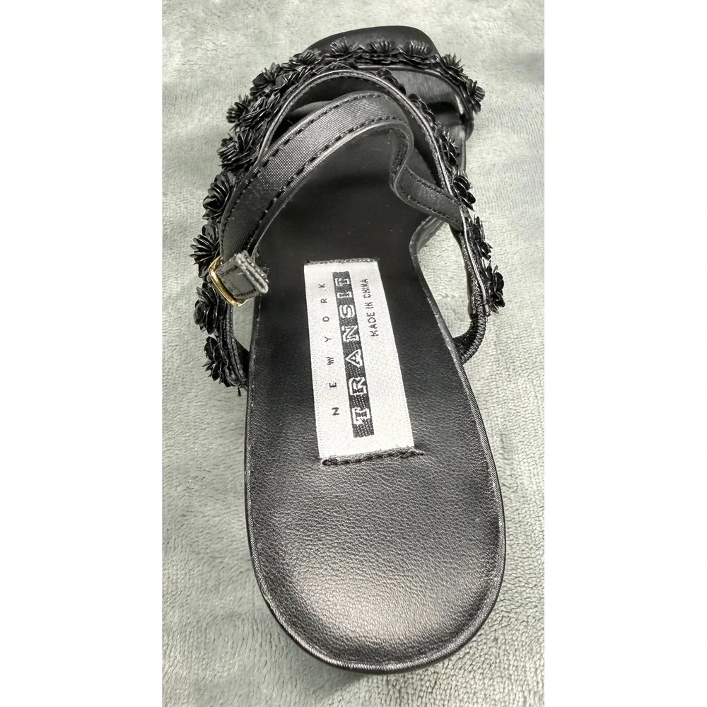 Transit New York Womens 7M Black Sequin Floral Sandals Block Heel